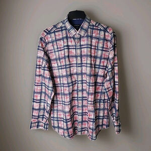 Bugatchi Men's Button-Down Plaid Shirt in Navy and Red